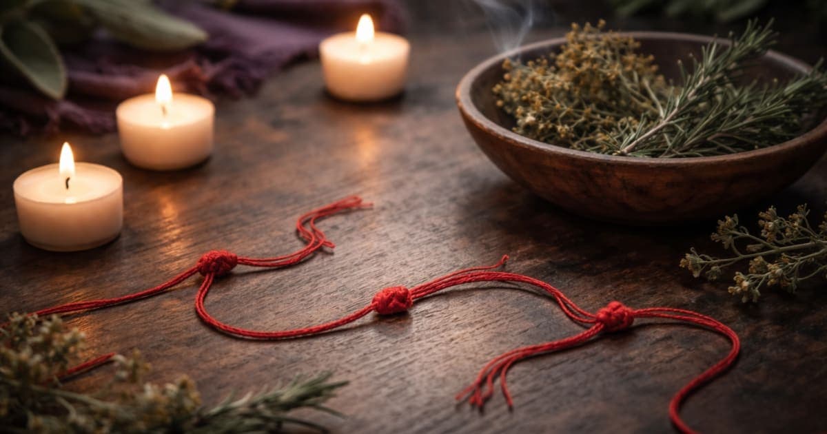 Hilos rojos con nudos, velas blancas e hierbas sobre madera — ritual simbólico para deshacer un amarre de amor
