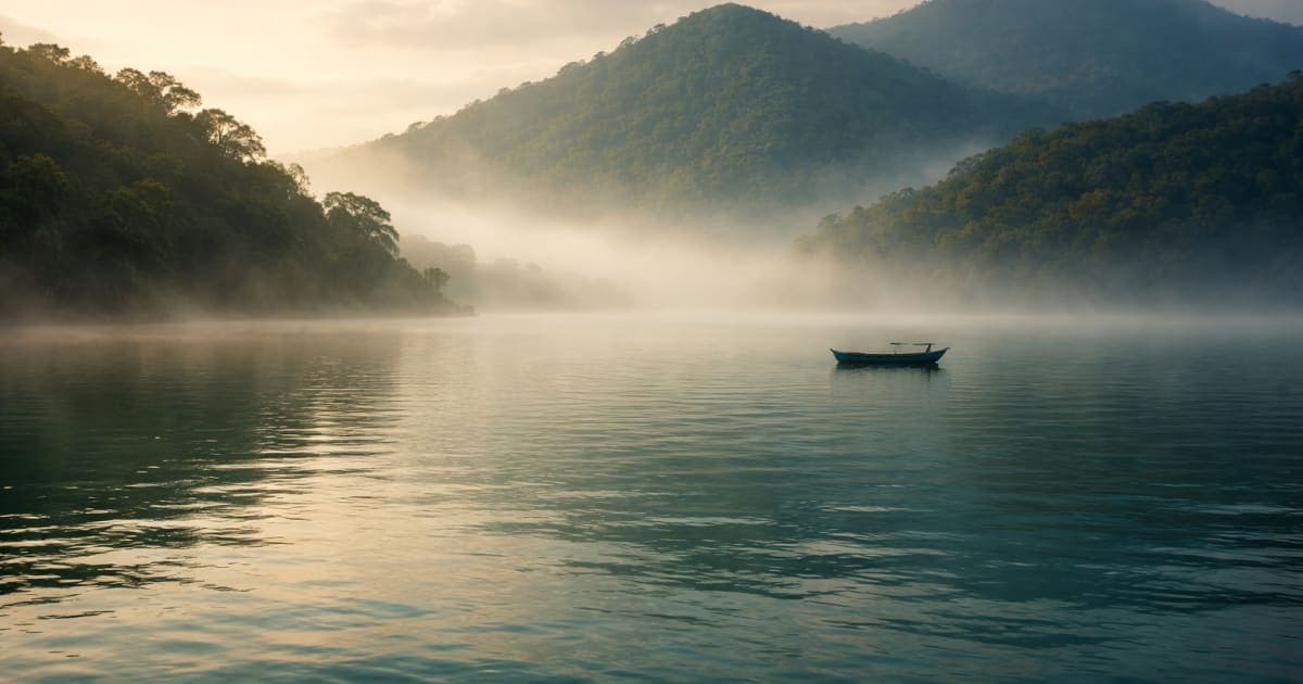 Laguna de Catemaco al amanecer, niebla y montañas — paisaje de la tradición de brujos en Veracruz