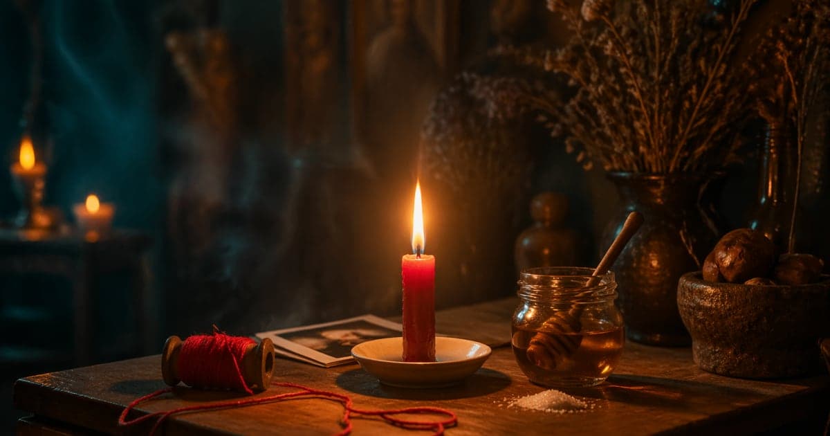 Mesa ritual: vela roja encendida, hilo rojo, frasco de miel, azúcar y fotografía — ambiente místico para amarre de amor casero