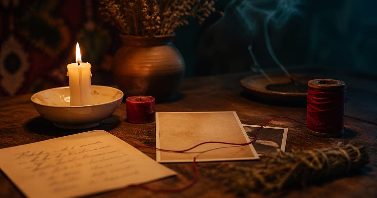 Vela roja encendida, hilo rojo, frasco de miel, azúcar y fotografía sobre mesa — escena simbólica para amarre con foto