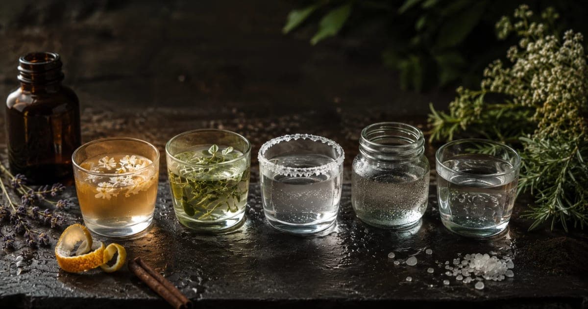 Aguas rituales para limpias espirituales: flores, hierbas, sal marina y agua clara en vasos de vidrio