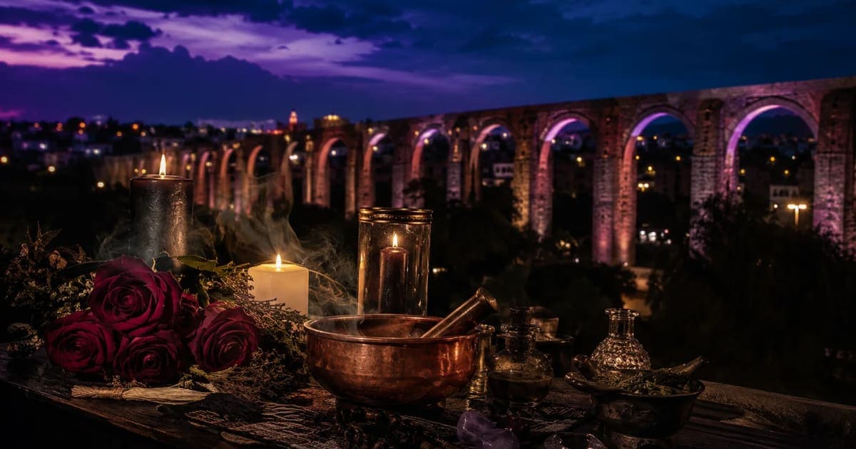 Ritual espiritual con acueducto de Querétaro al fondo — amarres de amor en Querétaro